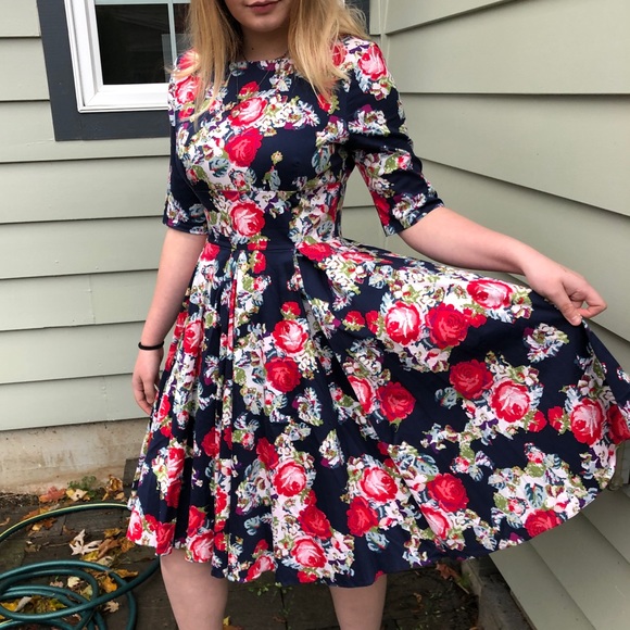 Retro Floral Swing Dress Vintage Style 10 - Picture 2 of 7